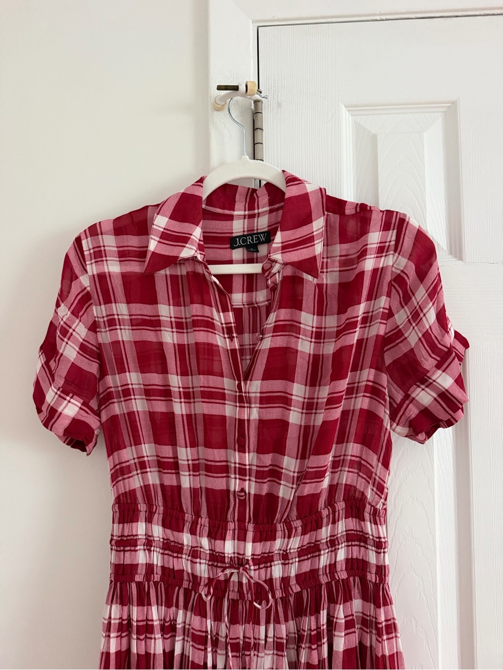 J. Crew Elena shirt-dress in plaid viscose chiffon red fall picnic cottage - Picture 3 of 8